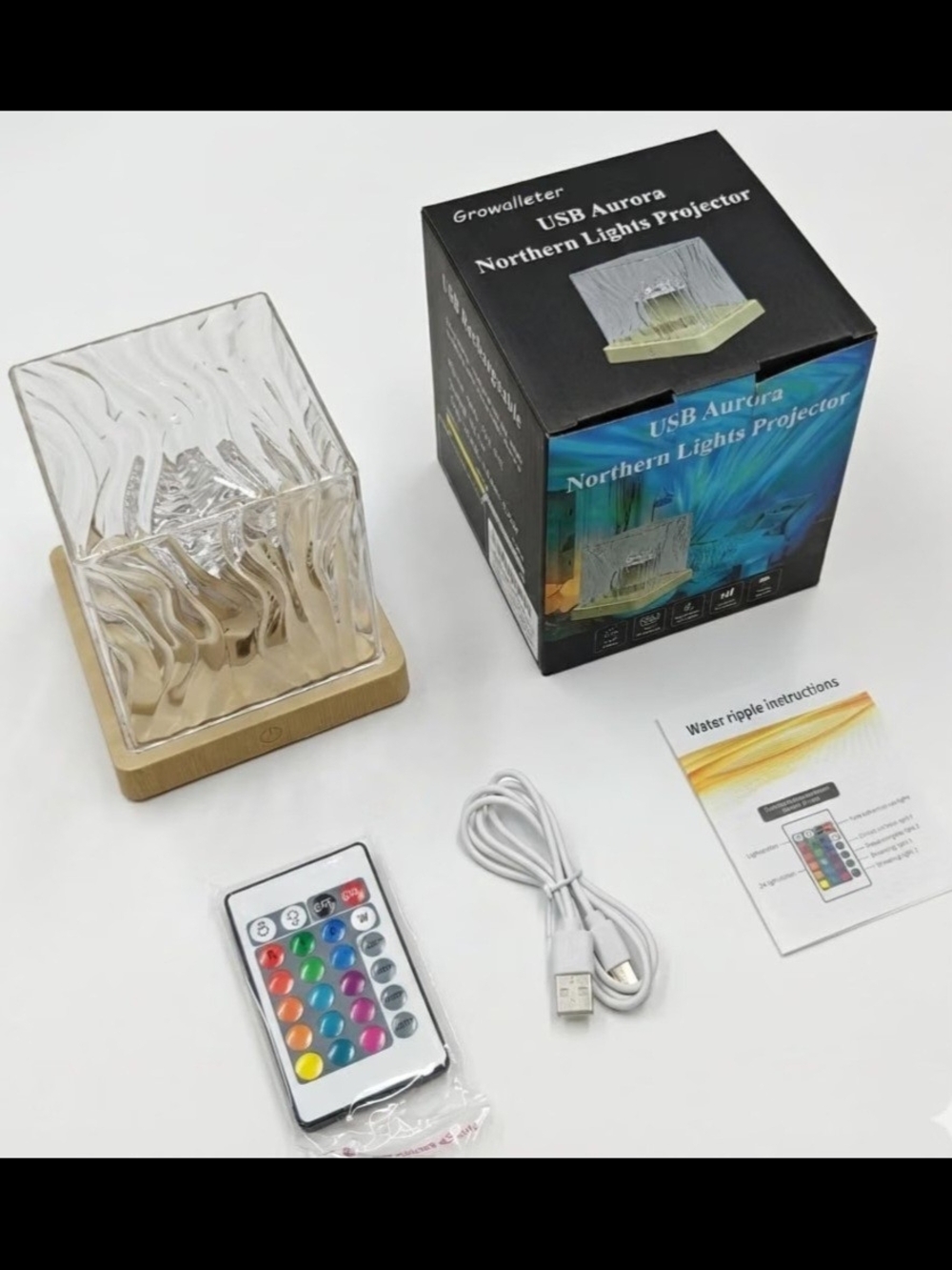 USB Aurora Northern Lights Projector Lamp - Clear Glass & Light Wood Base